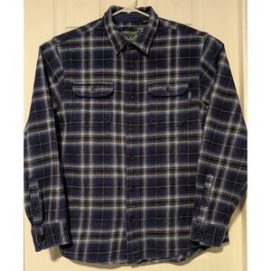 Woolrich Men's L Blue Plaid Flannel Shirt Jacket Side Pockets Logo VERY NICE!